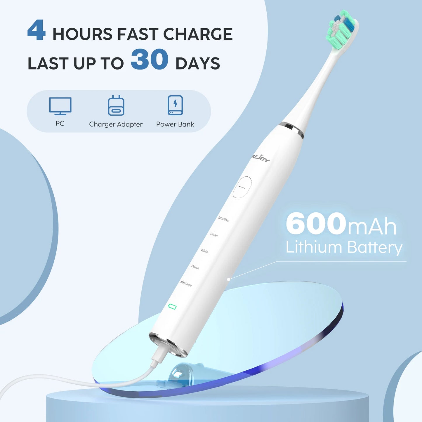 Sejoy USB Rechargeable Smart Electric Toothbrush 12 Heads