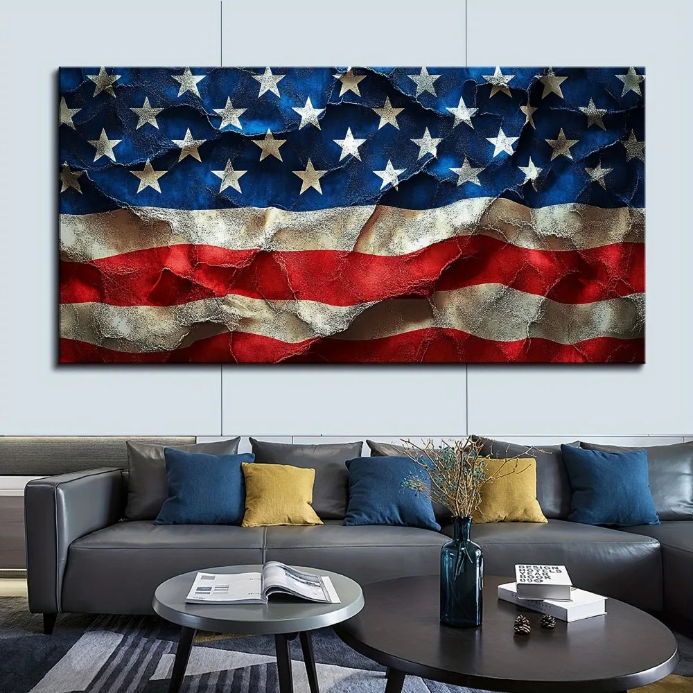 1.5 Inch Thick Pine Solid Wood Frame American Flag Wall Art Independence Day Canvas Home Decor
