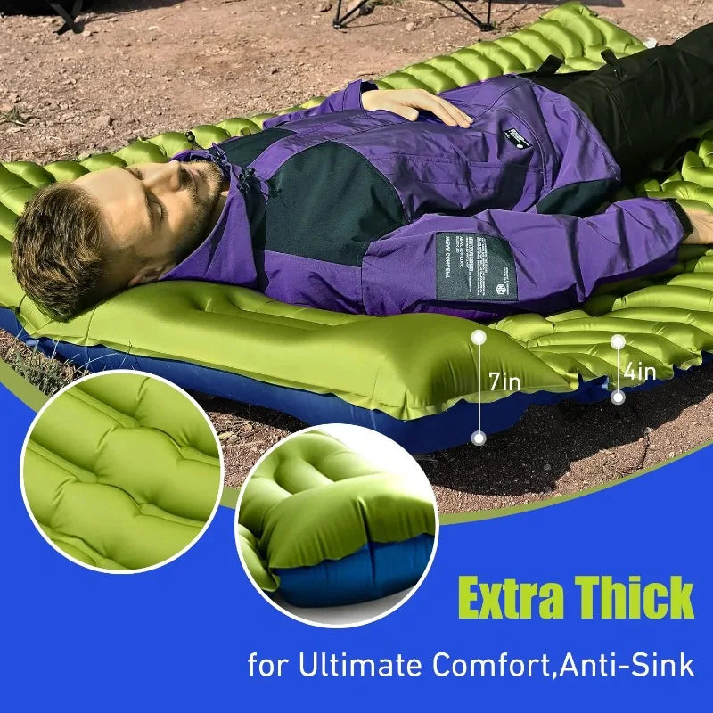 Double Camping Sleeping Pad Self Inflating 4 Inch Extra Thick for 2 Person with Built In Pillow and Foot Pump Inflatable Sleeping Mat