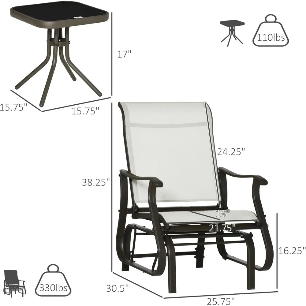 3-Piece Outdoor Gliders Set Bistro Set with Steel Frame, Tempered Glass Top Table for Patio, Garden, Backyard, Lawn, Cream Whit