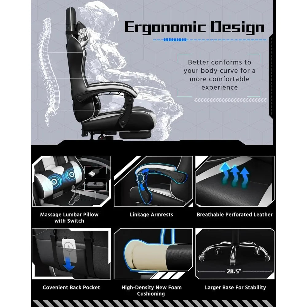 Ergonomic Gaming Chair with Swivel Seat and Headrest Adjustable Video Game Chair with Massage Lumbar Support and Footrest Height