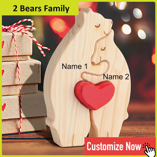 Personalized Custom Bear Family Wooden Puzzle DIY Free Engraving Name Desk Decor Figurine Christmas Birthday Gift