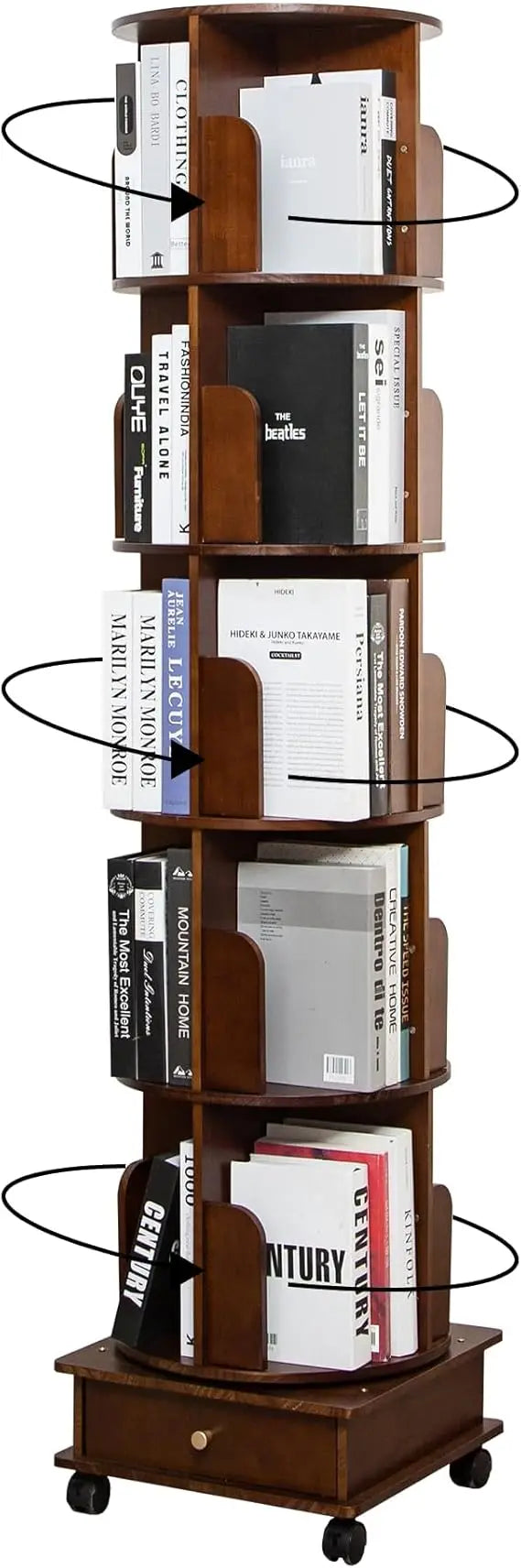 Solid Wood Rotating Bookshelf Tower 360 Round Revolving Bookcase with Drawers Spinning Bookshelf for Home Office Study Room Walnut