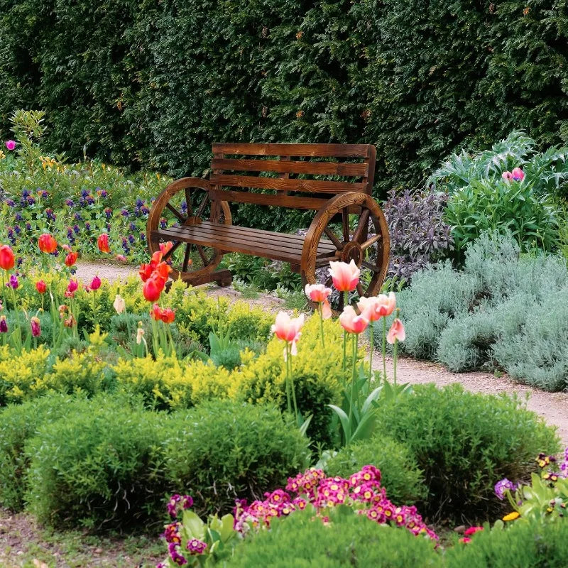 Hign Concerned Rustic Wooden Wheel Wagon Bench Outdoor