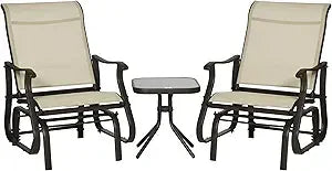 3-Piece Outdoor Gliders Set Bistro Set with Steel Frame, Tempered Glass Top Table for Patio, Garden, Backyard, Lawn, Cream Whit
