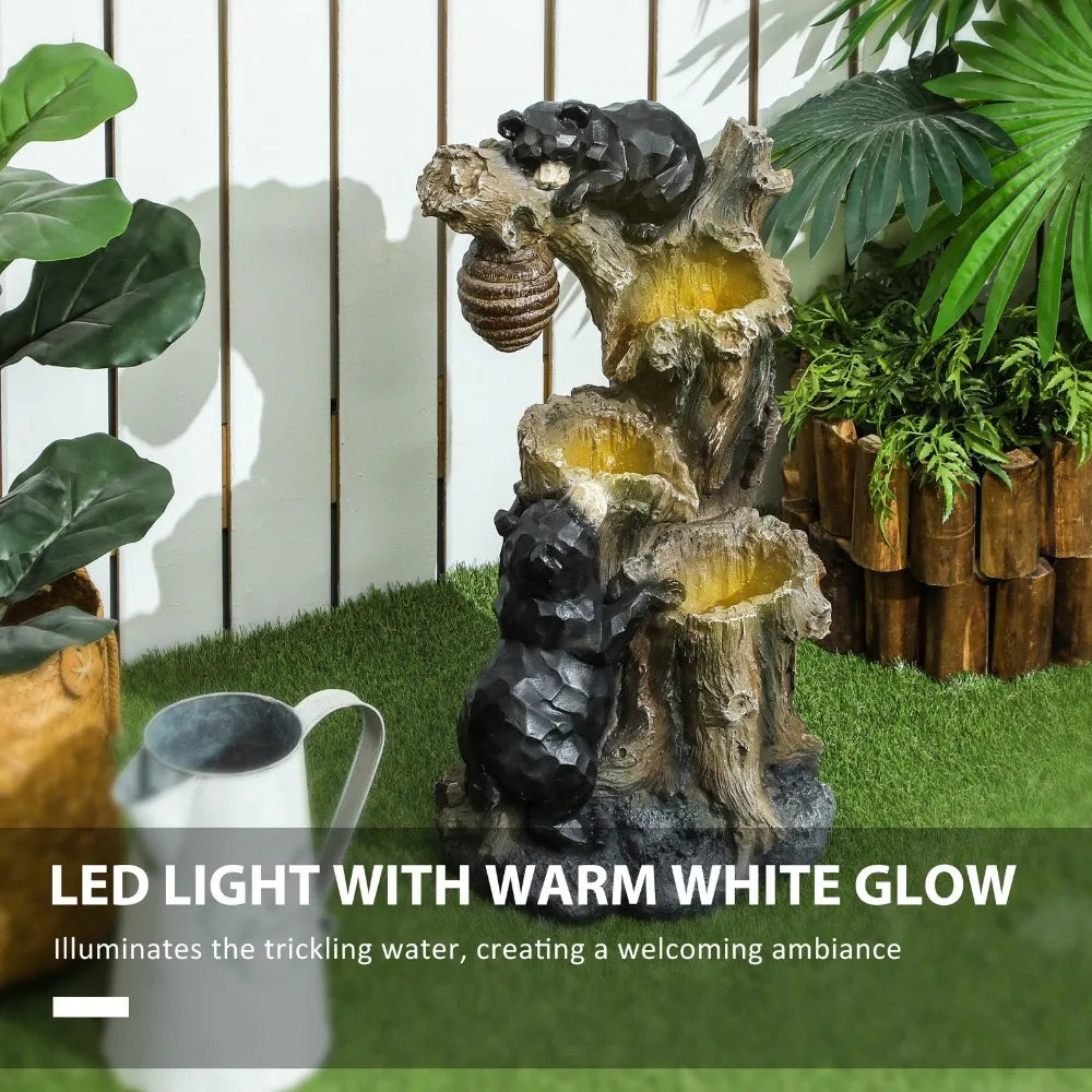 22.4 Inch 3 Tier Outdoor Water Fountain Freestanding Resin Brown and Black