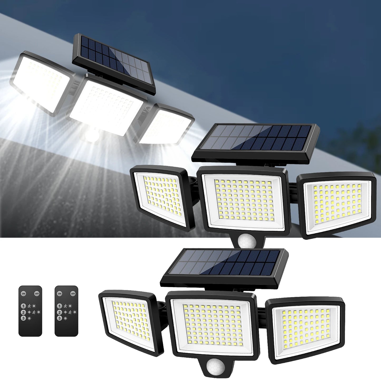 IP65 Waterproof Triple Head Outdoor Solar Light 210LED 2500LM Motion Sensor Safety Light for Porch Garage Yard Entrance Patio