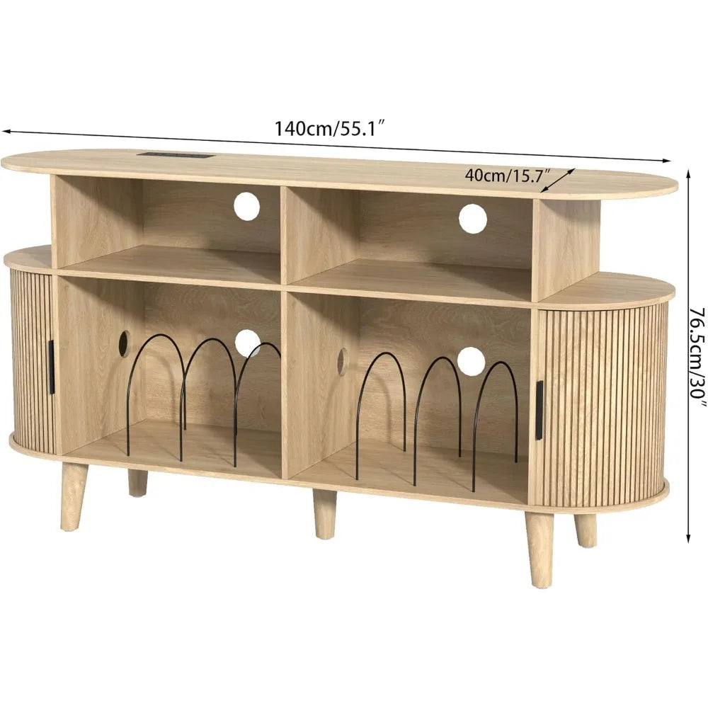 Large Round Record Player Stand with Charging Station and USB Ports Mid Century Modern Turntable Stand and Record Storage Cabinet