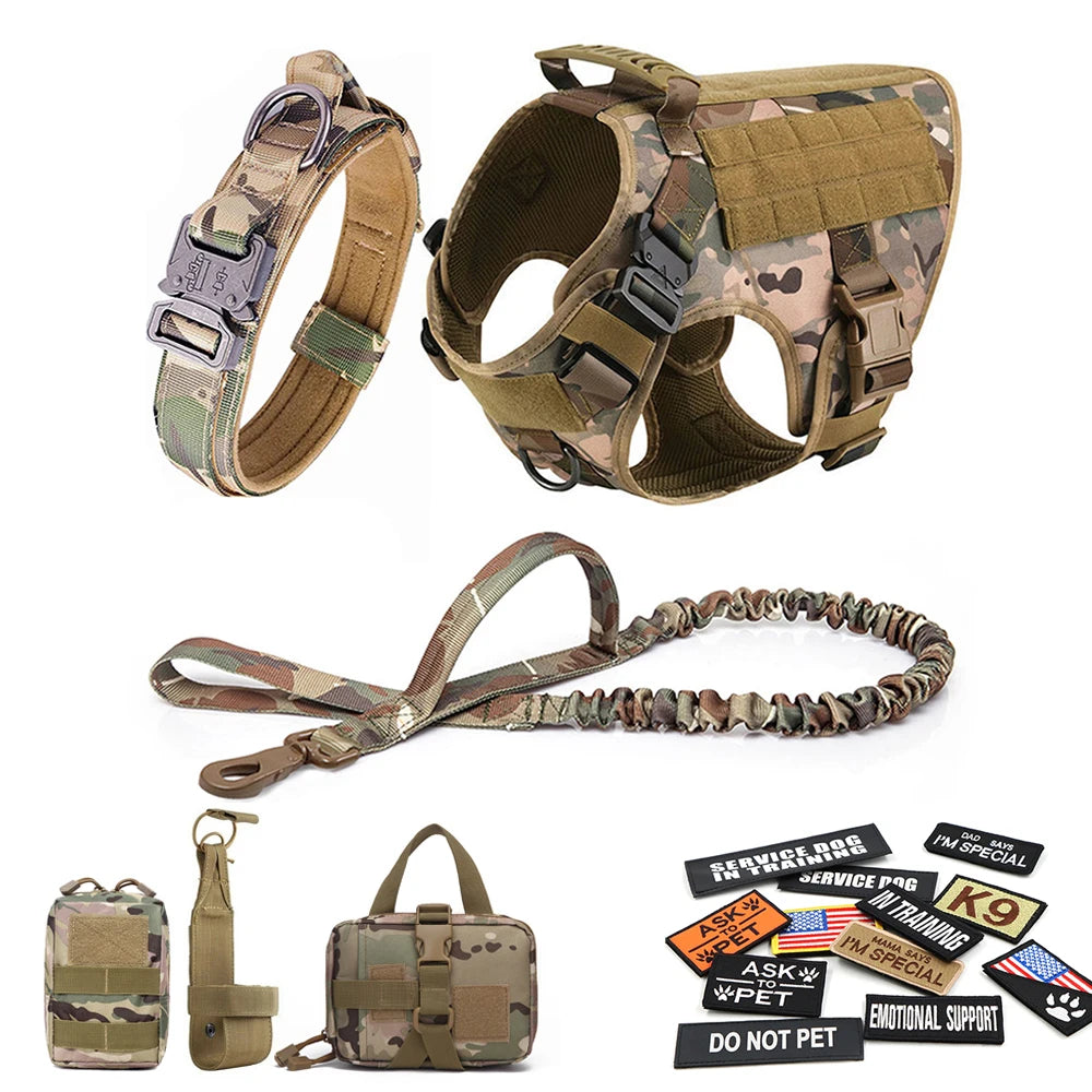 Military Large Dog Harness Collar Leash Bags Patches Set Tactical Vest for Malinois Training
