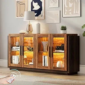 Sideboard Buffet Cabinet with LED Lights Modern Glass Doors Storage Cabinet Adjustable Shelf Mixed Color Accent Furniture