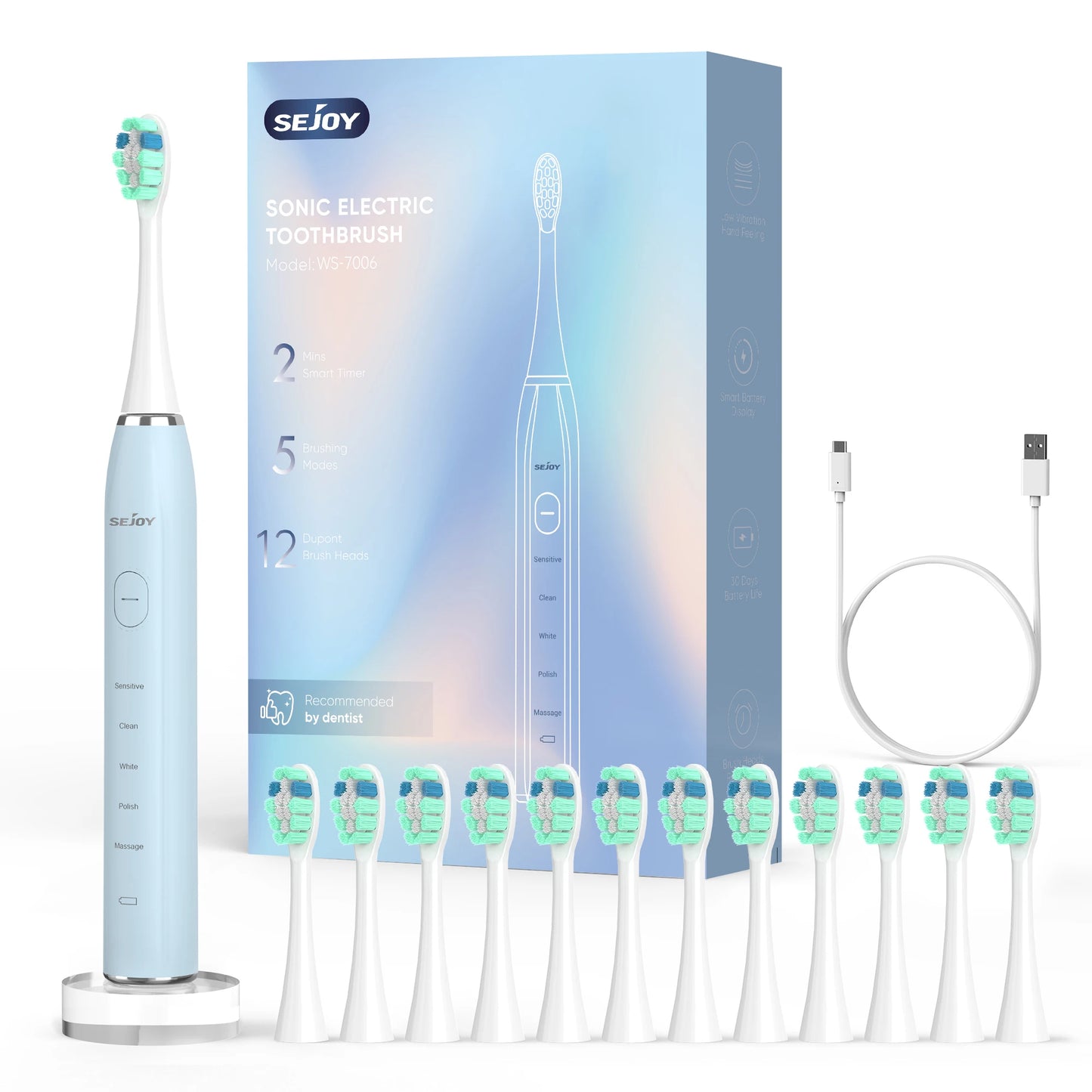 Sejoy USB Rechargeable Smart Electric Toothbrush 12 Heads