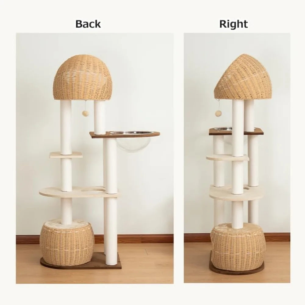 Wood Cat Tower 60 Inch with Woven Beds 5 Level Natural Cat Condo with Sisal Posts and Clear Bubble Lounge Multi Level Cat Furniture