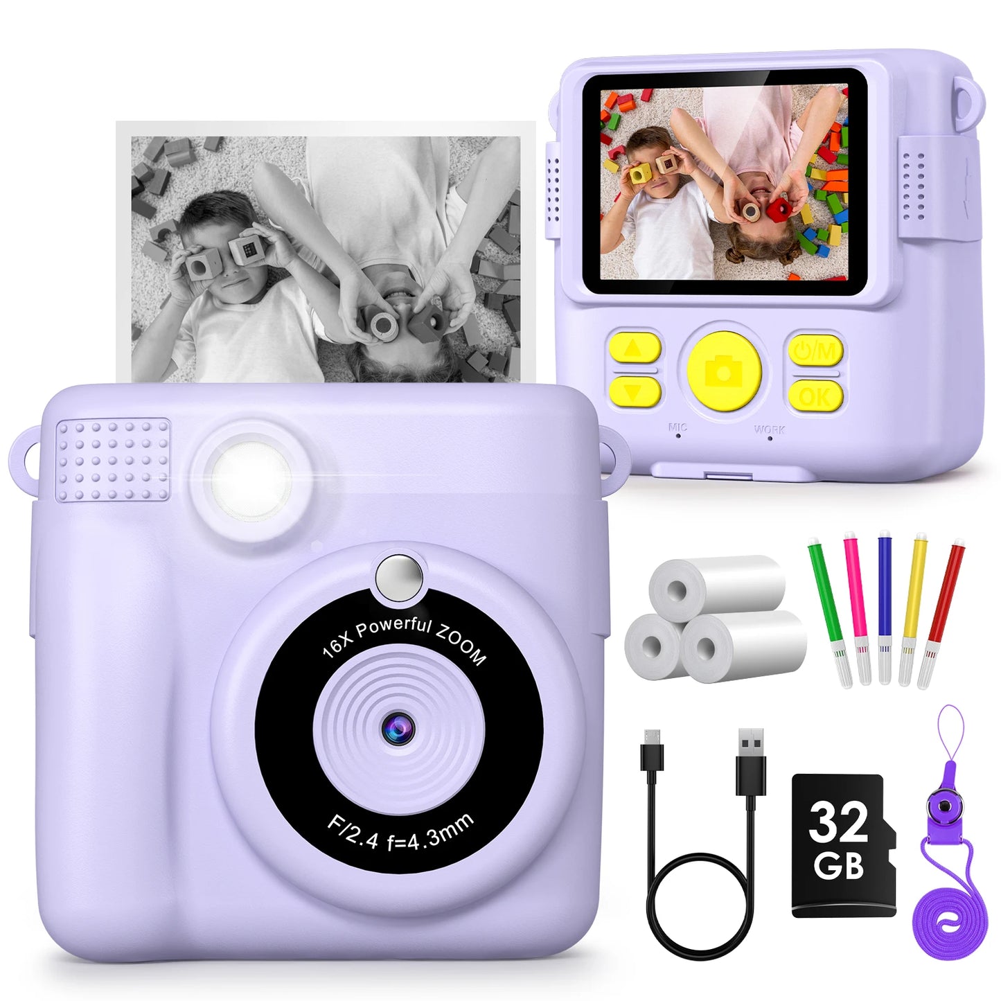 Kids Digital Camera 1080P HD Instant Print Portable Camera Toy with 32GB Card Gift for Boys and Girls Ages 3 to 12