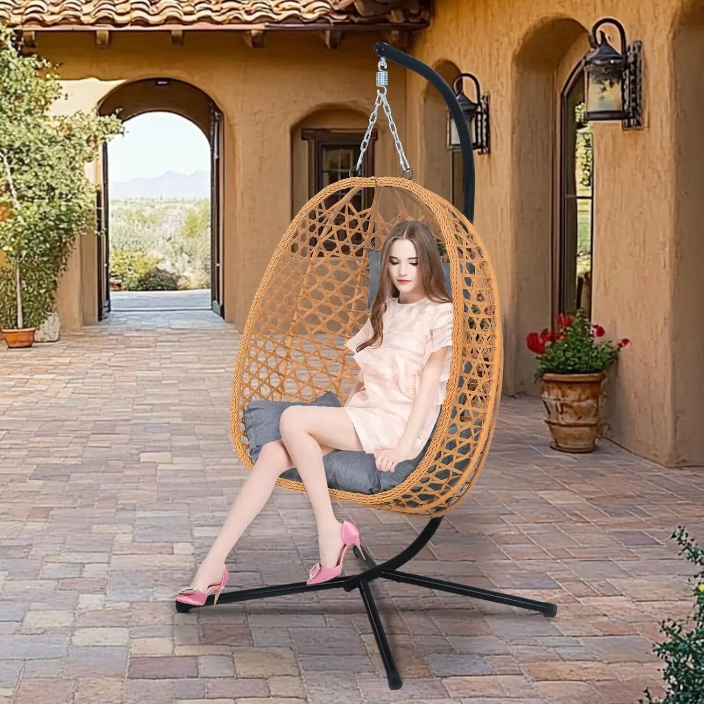 Hanging Egg Chair with Cushions Comfortable Rattan Swing Chair with Stand for Patio Garden or Balcony Stylish Outdoor Lounge Chair 350LBS Capacity
