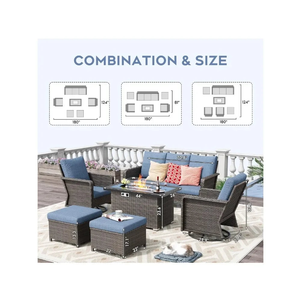 6 Piece Patio Furniture Set with Fire Pit Table 44 Inch Backyard Furniture with Swivel Chairs Loveseats and Ottoman Outdoor Patio