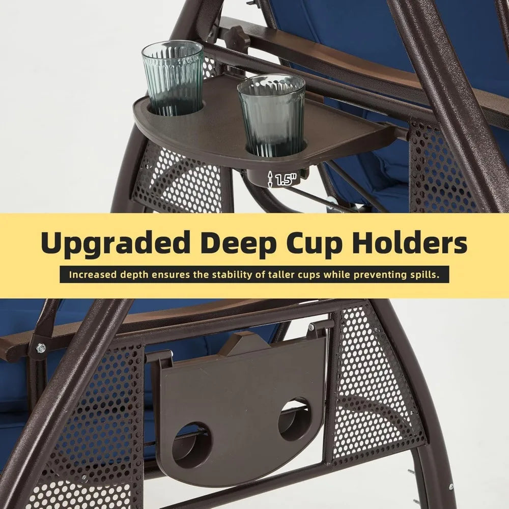 3 Person Outdoor Porch Swing with Adjustable Canopy and Deep Cup Holder Weather Resistant Patio Swing Bed