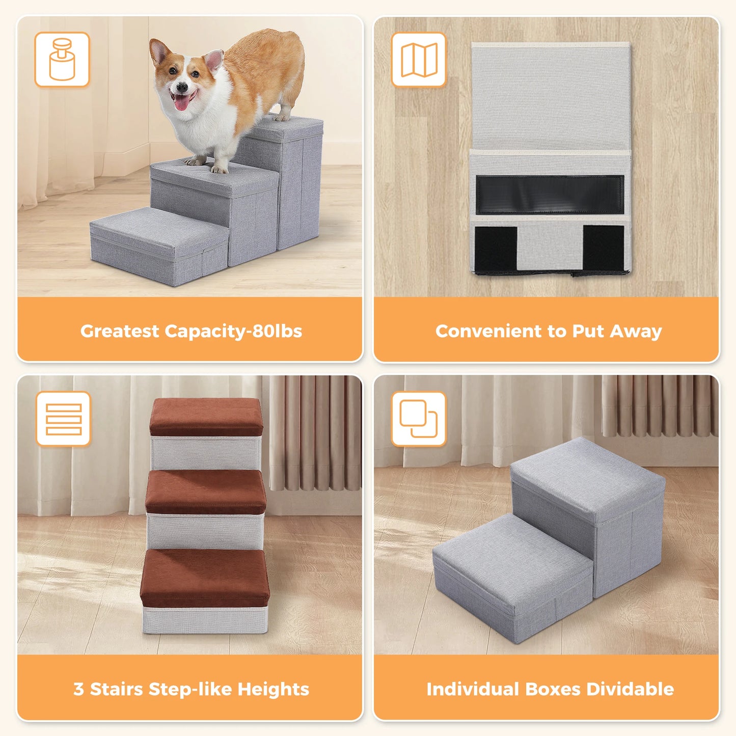 3 Tier Dog Stairs Foldable Pet Stair with Storage Box Adjustable Height Dog Steps for Small Old Dogs and Cats Non Slip Pet Ramp Indoor