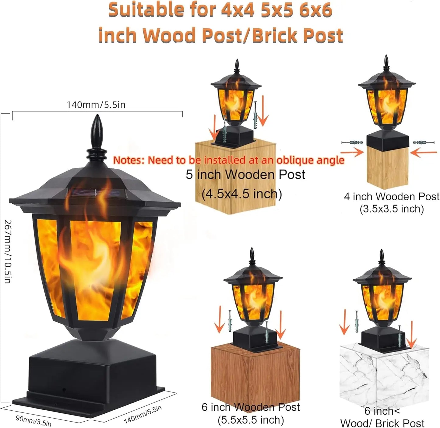 Waterproof Outdoor Solar Flame Post Light Flickering Flame LED Lantern Decoration for Garden Patio Fits 4x4 5x5 or 6x6 Wooden Post