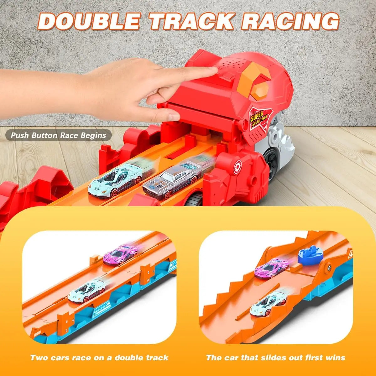 Dinosaur 3 In 1 Transport Truck Car Toys for Boys Age 3 Plus with 8 Race Cars Ejection Folding Portable Track Toy with Sound for Kids