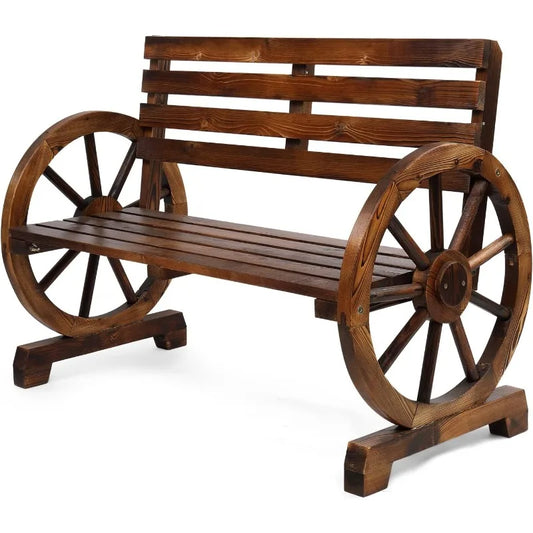 Hign Concerned Rustic Wooden Wheel Wagon Bench Outdoor
