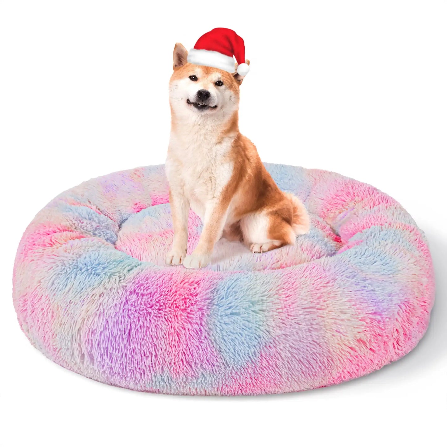 Calming Donut Pet Bed for Large Dogs 36 Inch Anti Anxiety Plush Cozy Warming Dog Bed Pink Rainbow