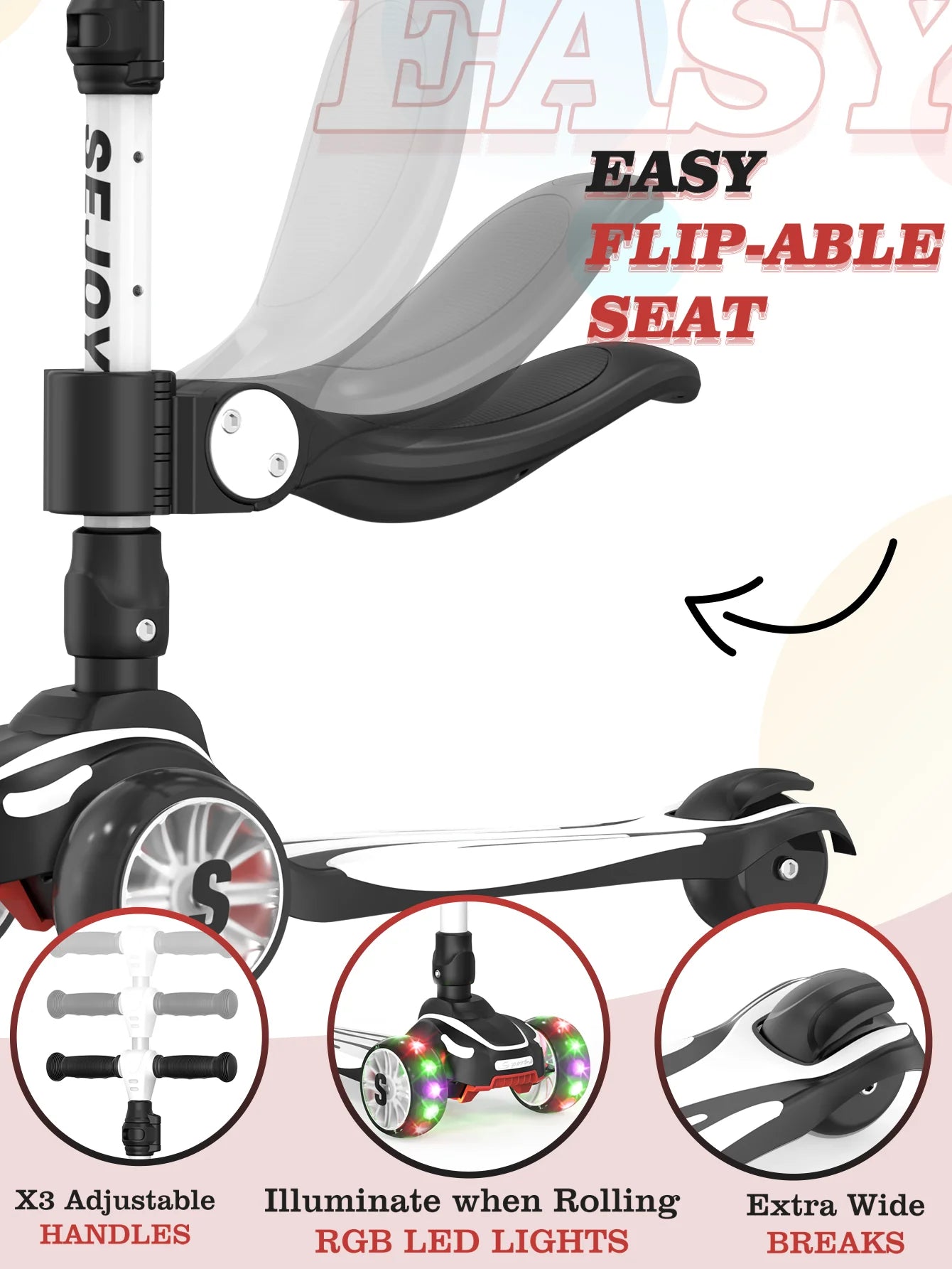 Sejoy Three Wheel Kick Scooter With LED Lights For Kids