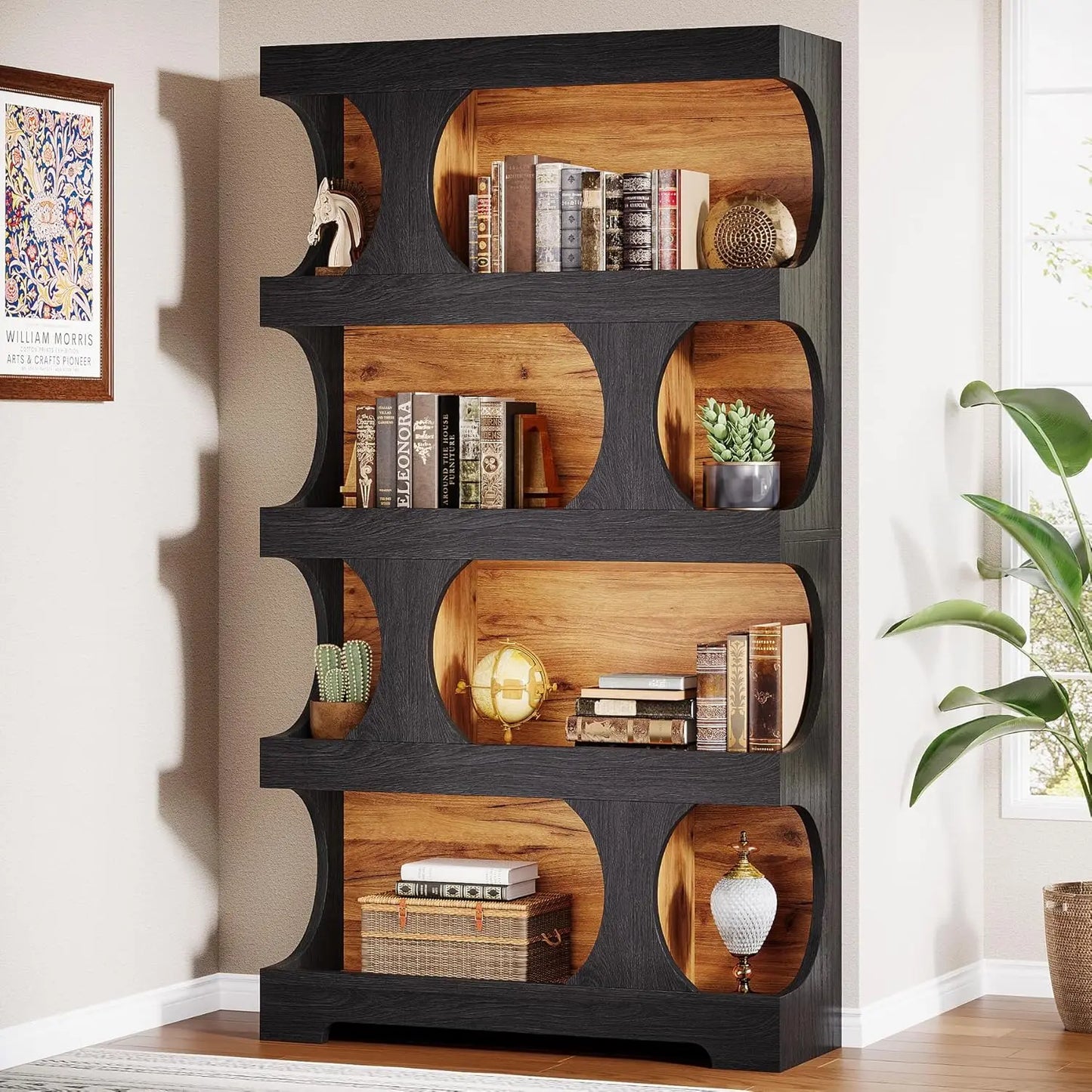 Black Bookcase Modern Bookshelf 4 Tier Freestanding Display Shelf Classic Shape for Living Room Home Office