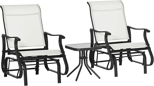 3-Piece Outdoor Gliders Set Bistro Set with Steel Frame, Tempered Glass Top Table for Patio, Garden, Backyard, Lawn, Cream Whit
