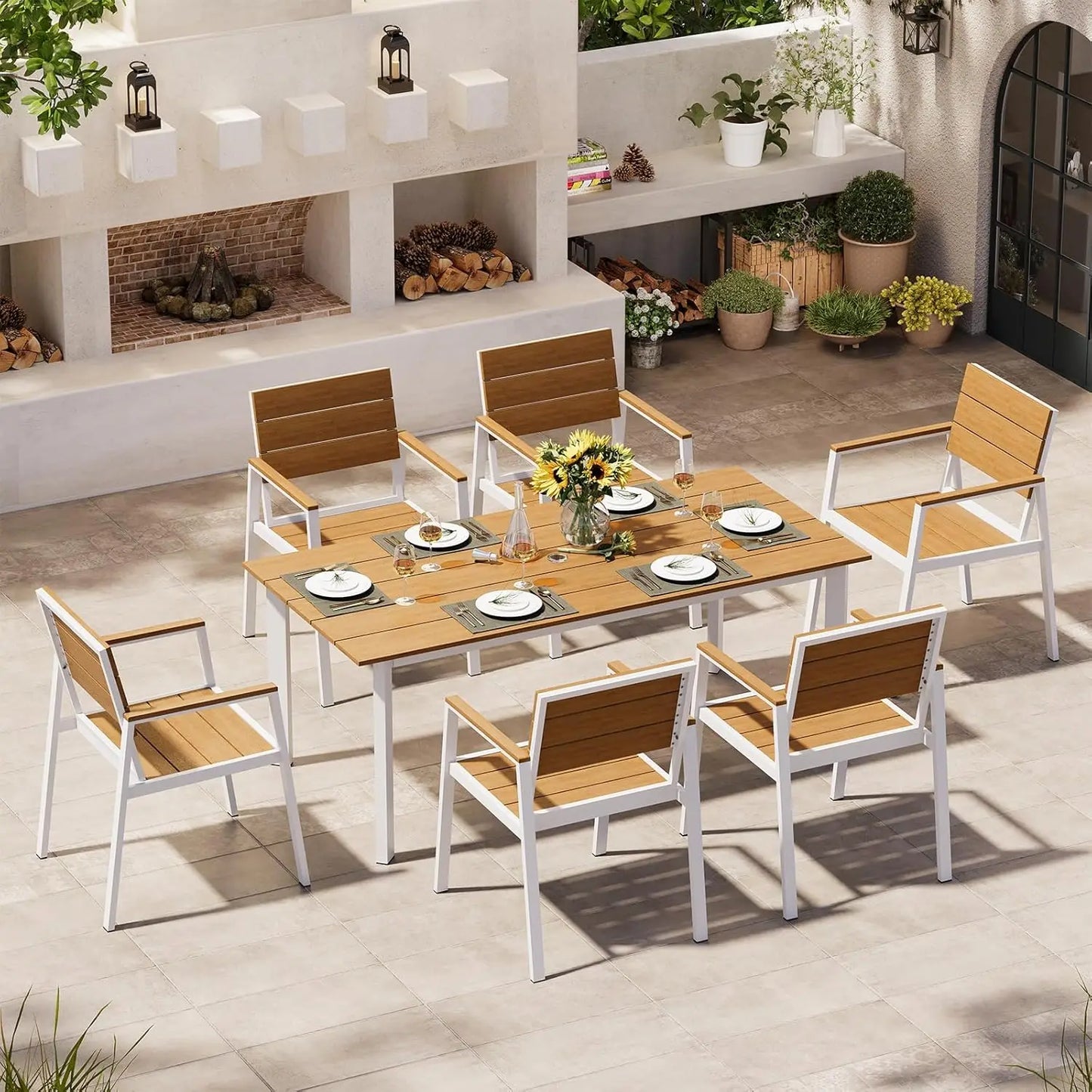 Outdoor Dining Set for 6 with Umbrella Hole 7 Pieces HDPS Patio Table and Chairs Set