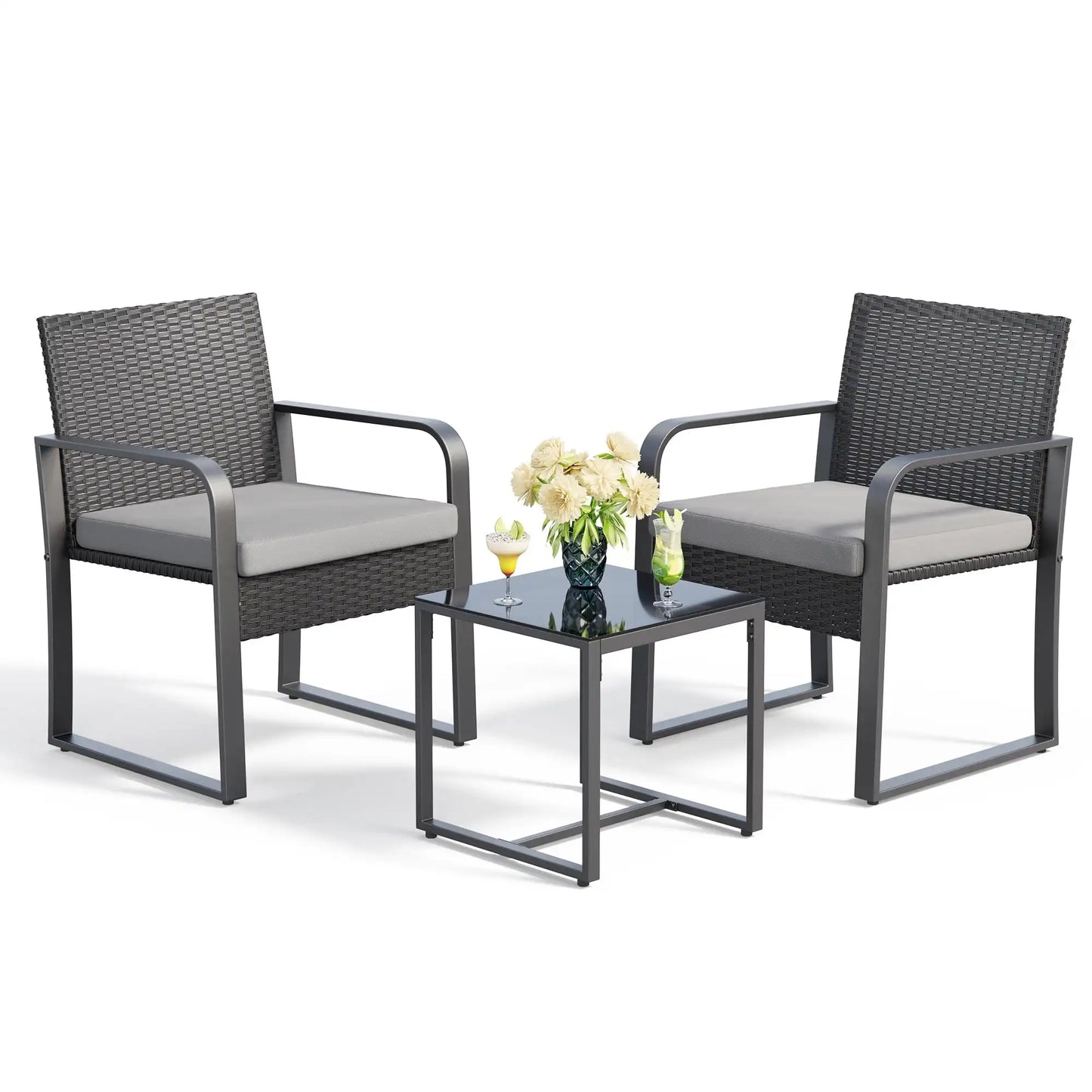 3 Piece Patio Chairs Set with Glass Coffee Table Outdoor Rattan Furniture Set for Garden Porch Bistro Yard Gray Cushion
