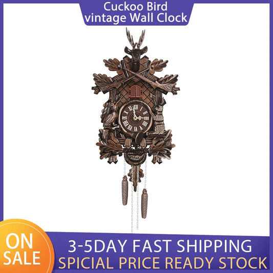 Vintage Wooden Cuckoo Wall Clock and Alarm Clock Battery Operated Handmade Traditional Design for Living Room Home Decor