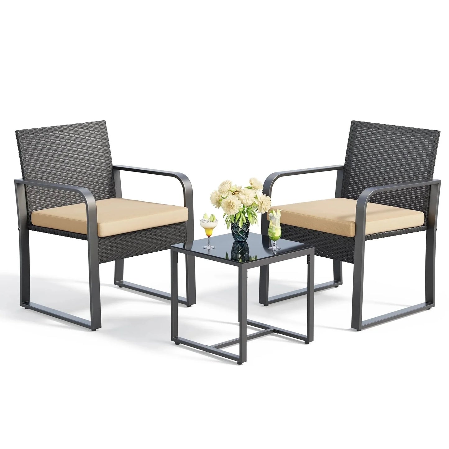3 Piece Patio Chairs Set with Glass Coffee Table Outdoor Rattan Furniture Set for Garden Porch Bistro Yard Gray Cushion