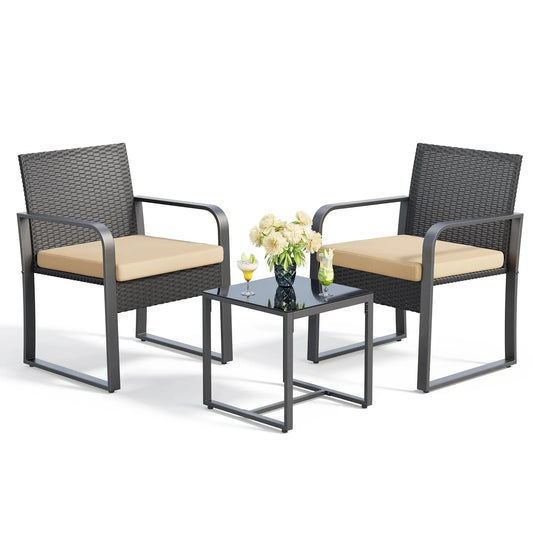 3 Piece Patio Chairs Set with Glass Coffee Table Outdoor Rattan Furniture Set for Garden Porch Bistro Yard Gray Cushion