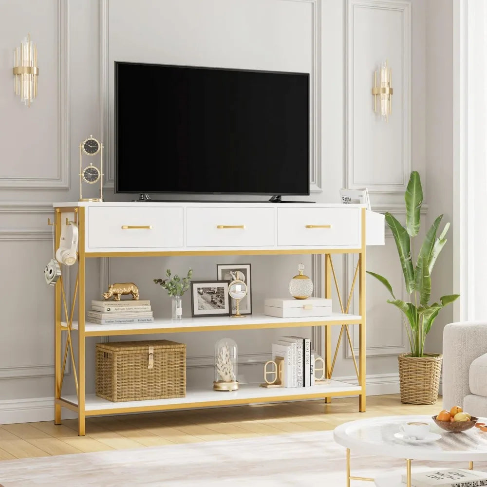 47.2 Inch Console Table with 3 Drawers Narrow Long Entryway Table and 3 Tier Storage Shelves Industrial Sofa Foyer Table