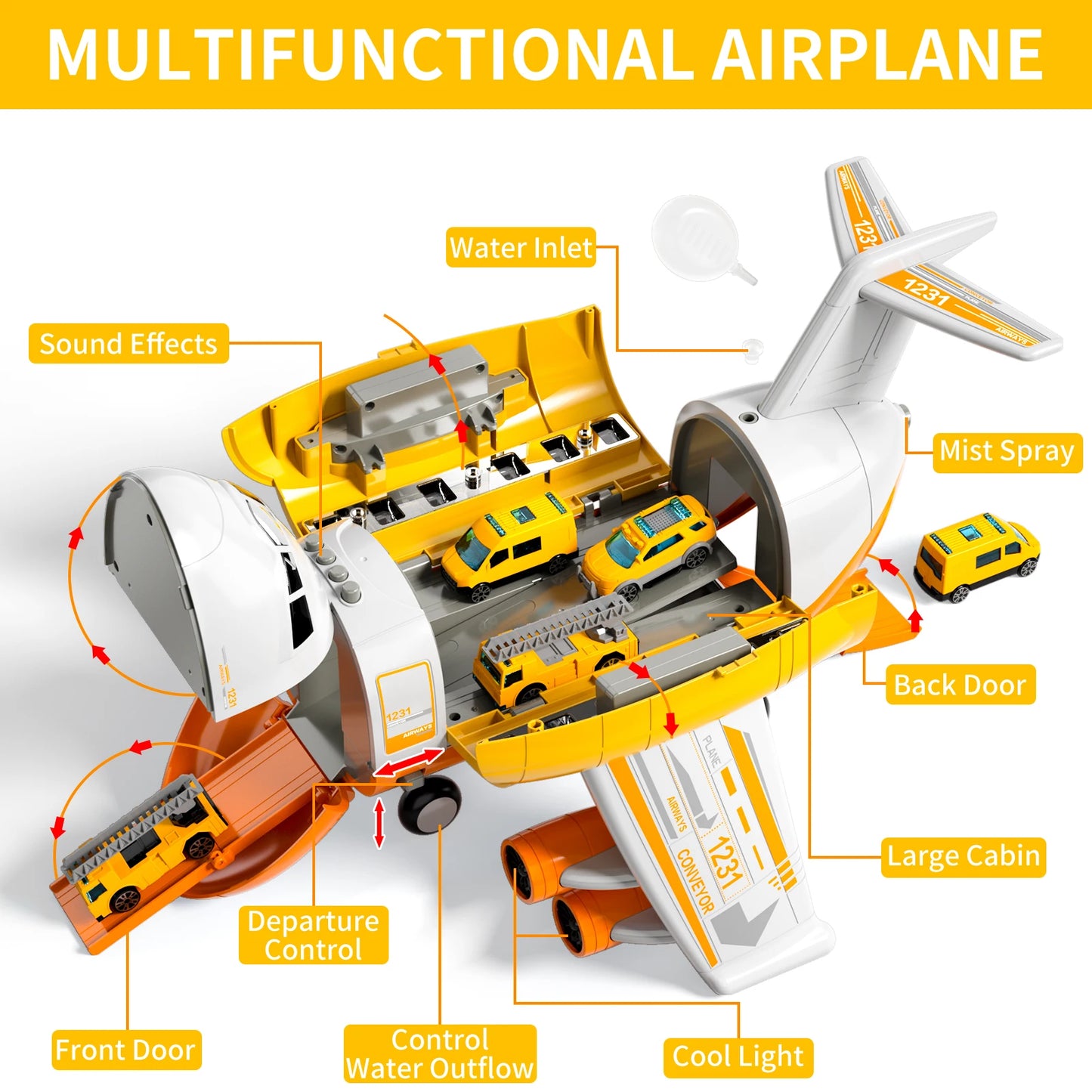 Airplane Kids Toys for Ages 4 to 8 Large Transport Spray Aeroplane with 10 Fire Truck Vehicles Birthday Gifts