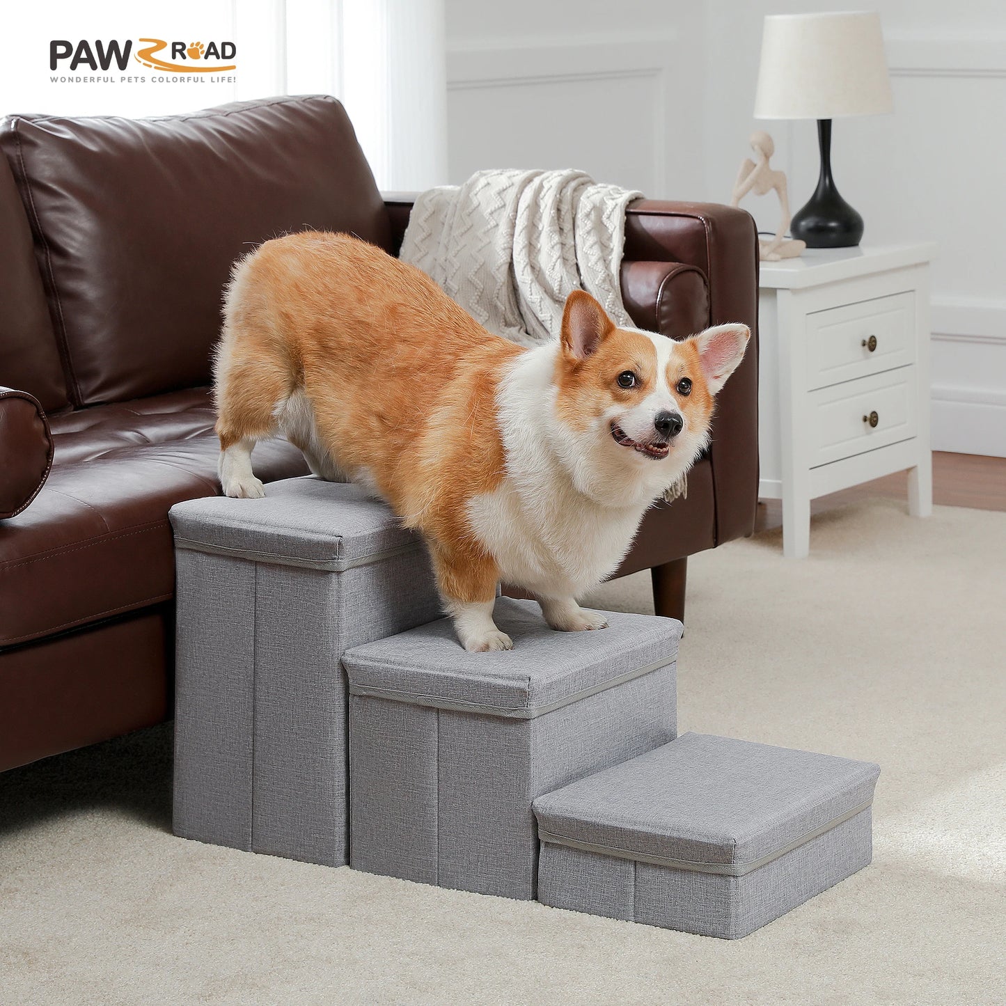 3 Tier Dog Stairs Foldable Pet Stair with Storage Box Adjustable Height Dog Steps for Small Old Dogs and Cats Non Slip Pet Ramp Indoor