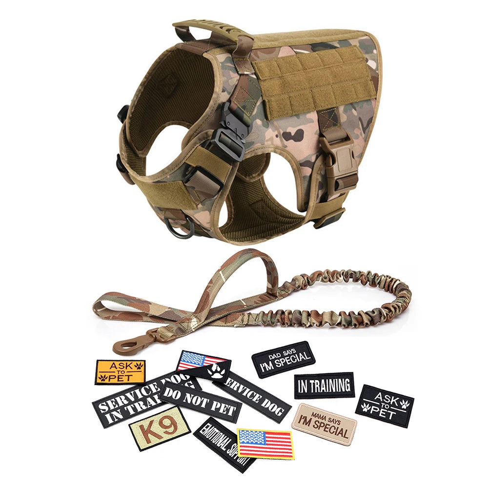 Military Large Dog Harness Collar Leash Bags Patches Set Tactical Vest for Malinois Training