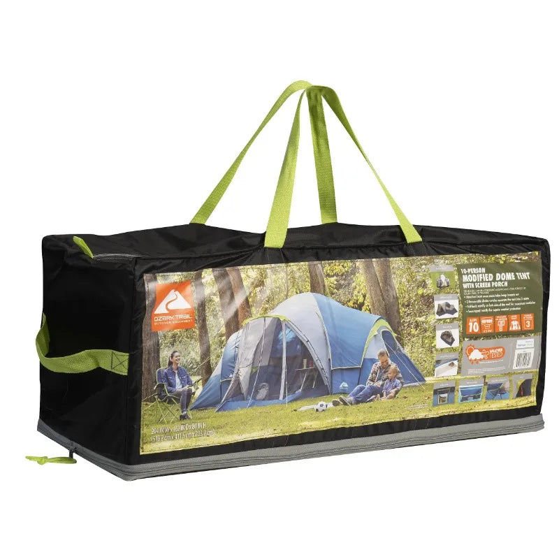 Ozark Trail 10 Person Dome Tent with Screen Porch 3 Room Family Camping Tent with Weather Protection