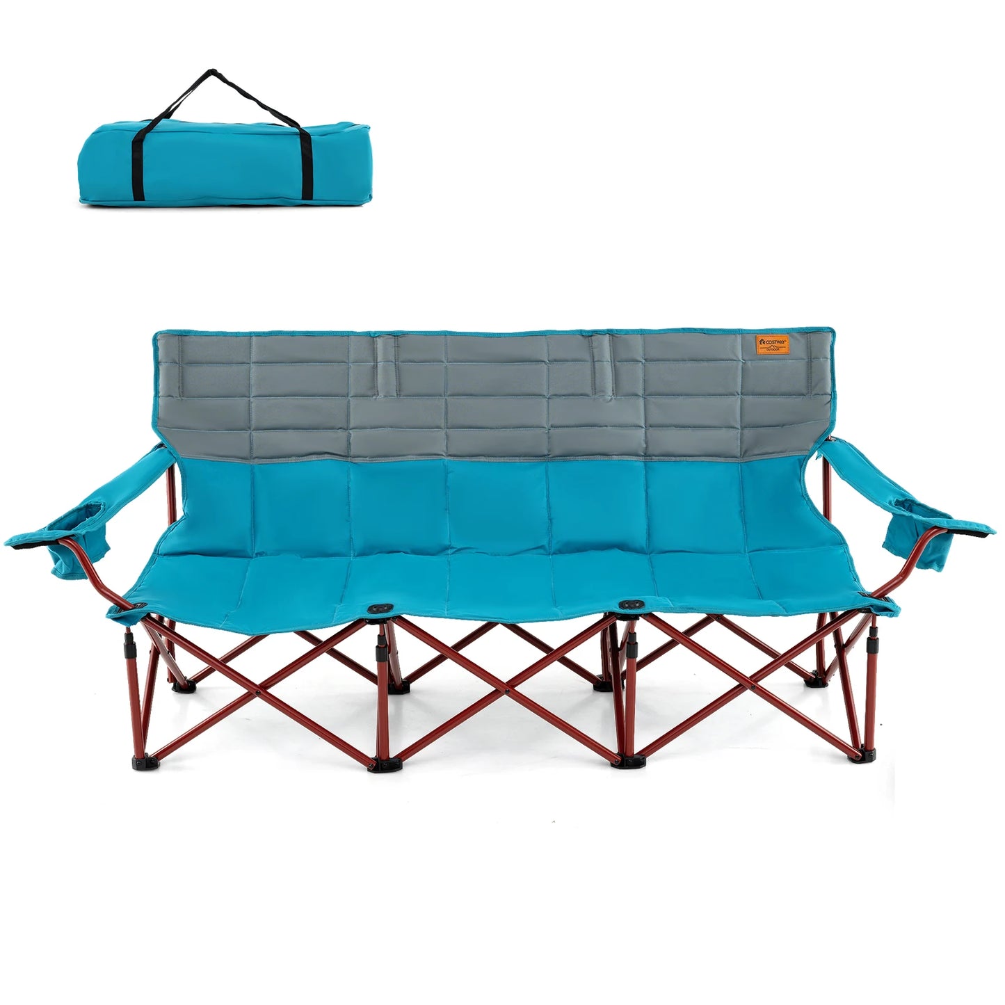 3 Person Folding Camping Chair Heavy Duty Camp Couch with 2 Cup Holders and Padding