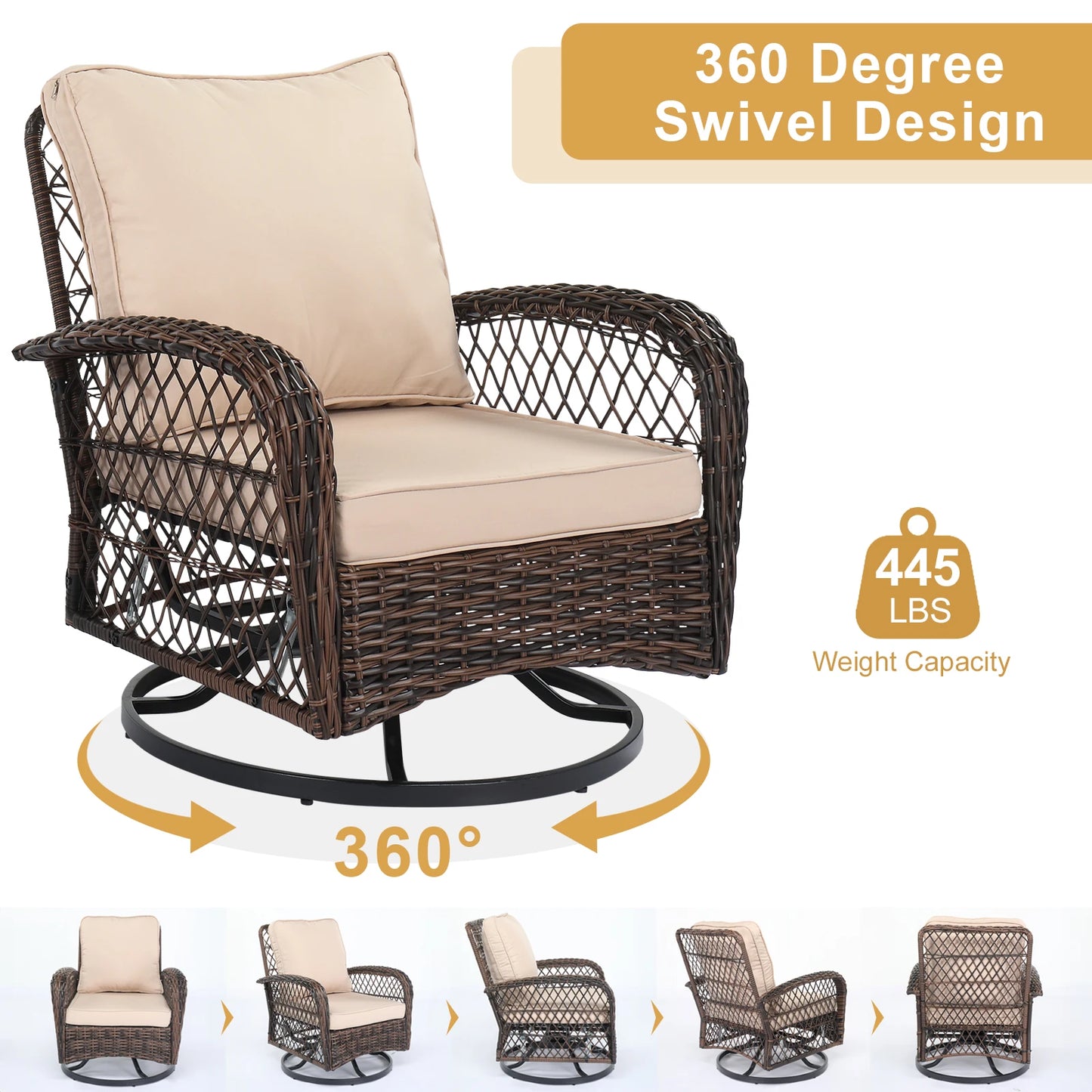 3 Pieces Patio Furniture Set Outdoor Swivel Gliders Rocker Wicker Patio Bistro Brown Gradient Rattan