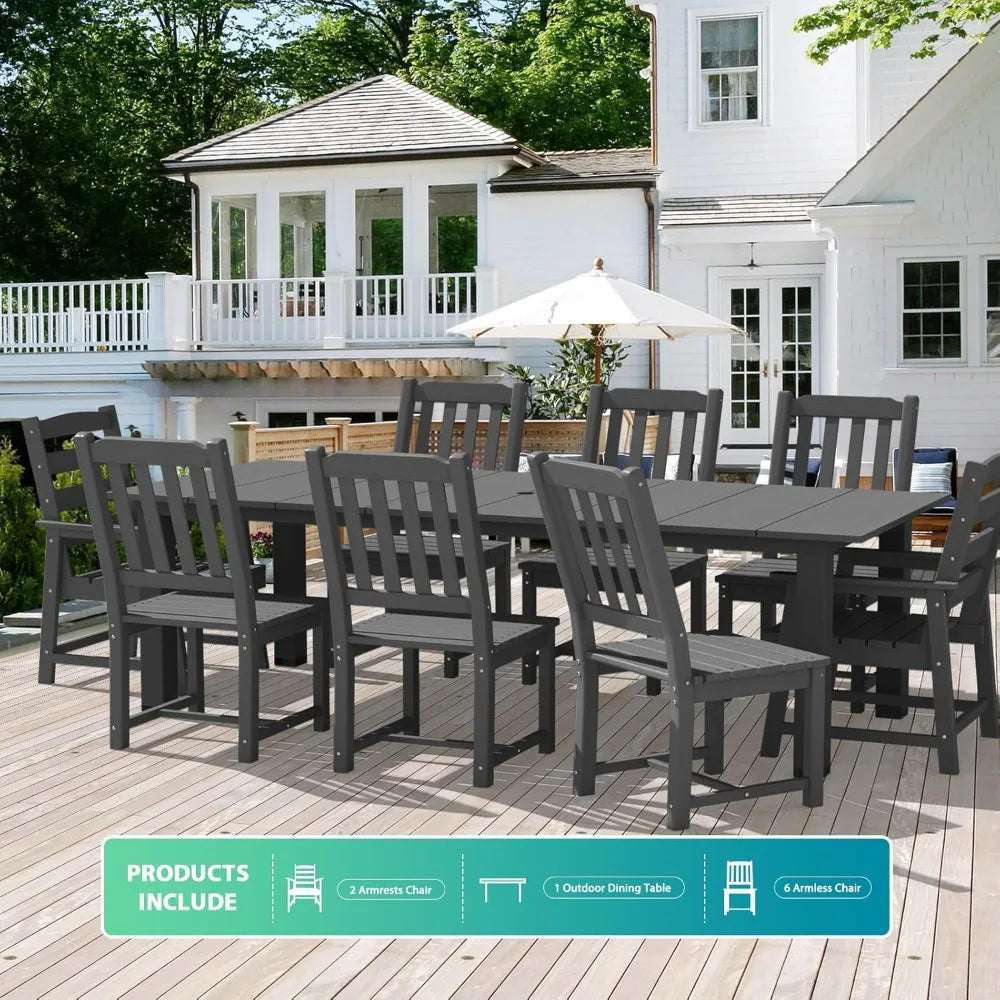 9 Pieces Patio Dining Set Outdoor HDPE Furniture Set with 2 Inch Hole Cut Out Dining Table and 8 Patio Chairs