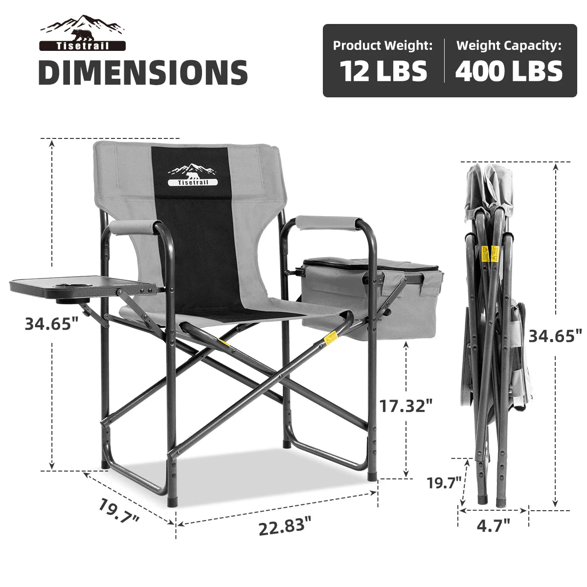Tisetrail Director Camping Chair with Cooler Bag and Foldable Side Tray Outdoor Lawn Chair Gray and Black