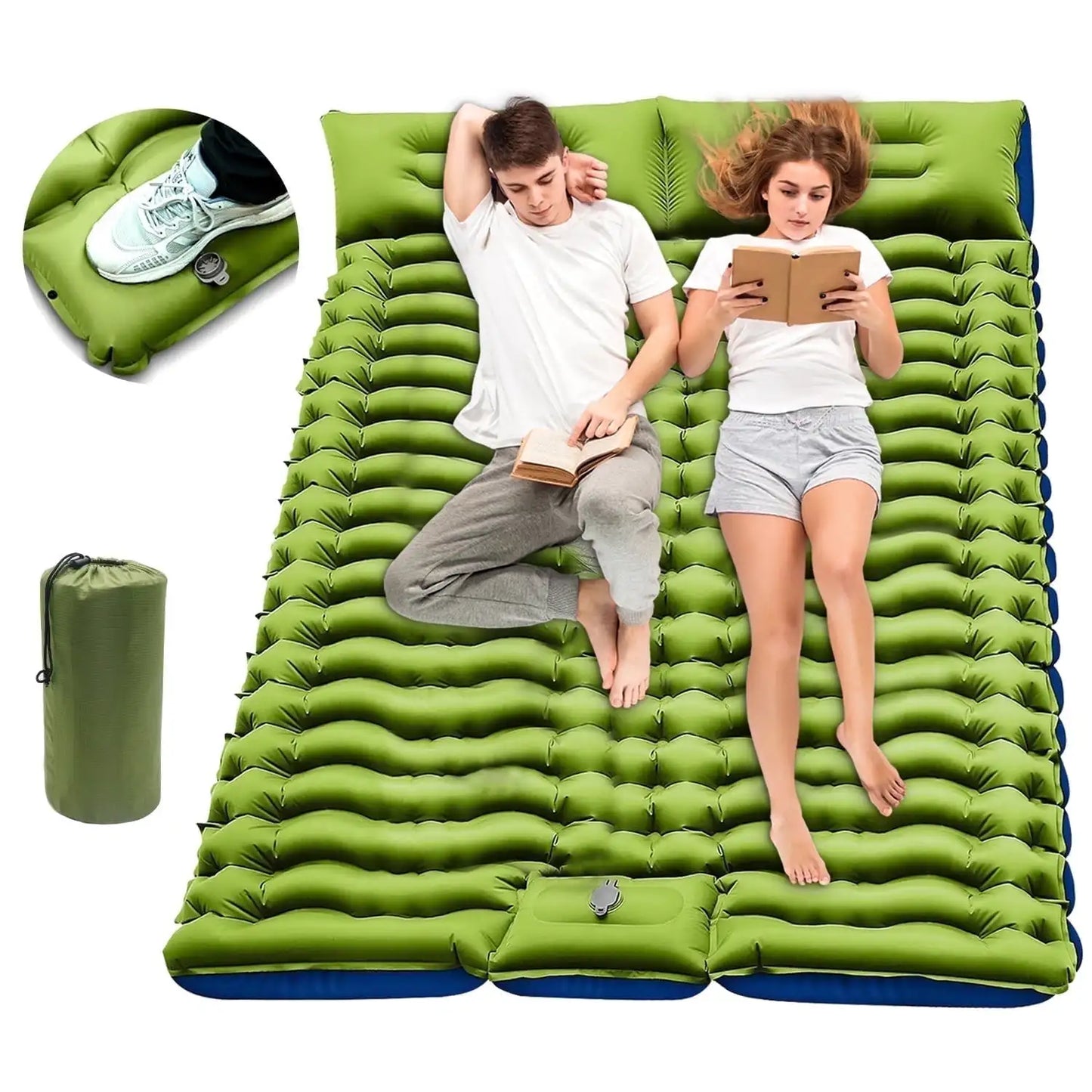 Double Camping Sleeping Pad Self Inflating 4 Inch Extra Thick for 2 Person with Built In Pillow and Foot Pump Inflatable Sleeping Mat