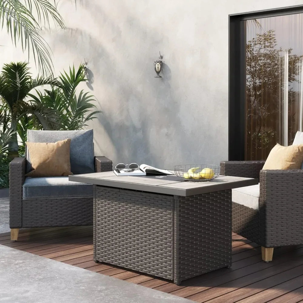Outdoor Propane Fire Pit Table with Cover 43 Inch 50000 BTU Wicker Rectangle for Patio