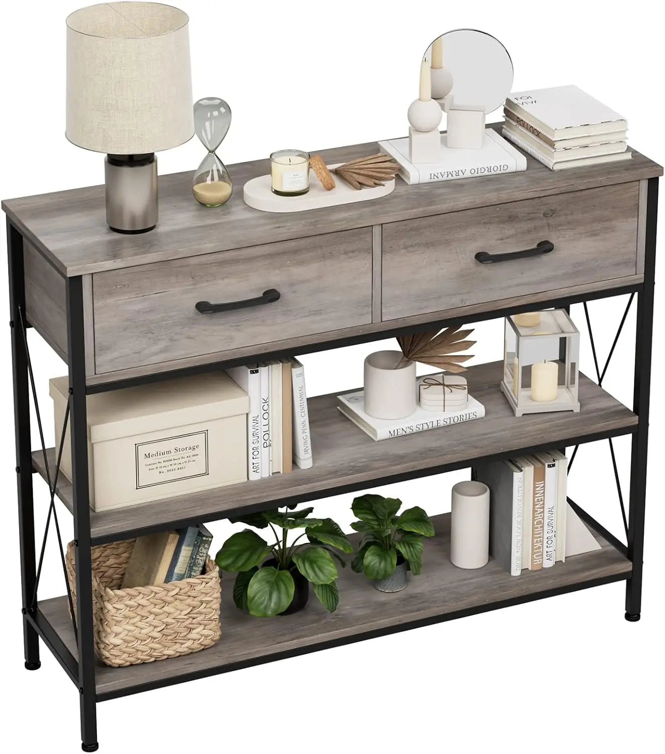 47.2 Inch Console Table with 3 Drawers Narrow Long Entryway Table and 3 Tier Storage Shelves Industrial Sofa Foyer Table