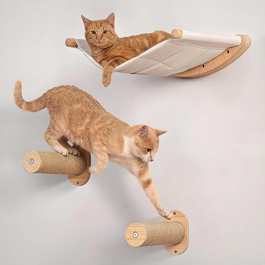 Cat Hammock Wall Mounted Cat Shelf With Two Steps Wood Cat Wall Shelves And Perches For Sleeping Playing Climbing And Lounging
