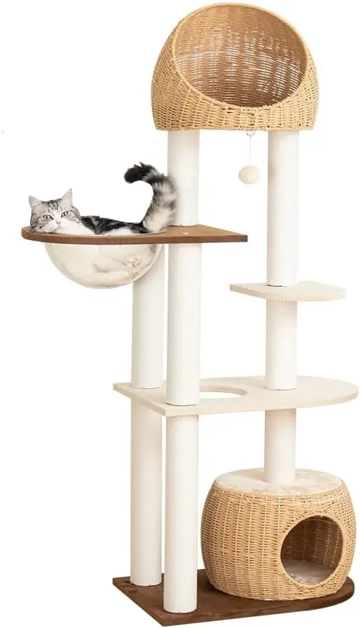 Wood Cat Tower 60 Inch with Woven Beds 5 Level Natural Cat Condo with Sisal Posts and Clear Bubble Lounge Multi Level Cat Furniture