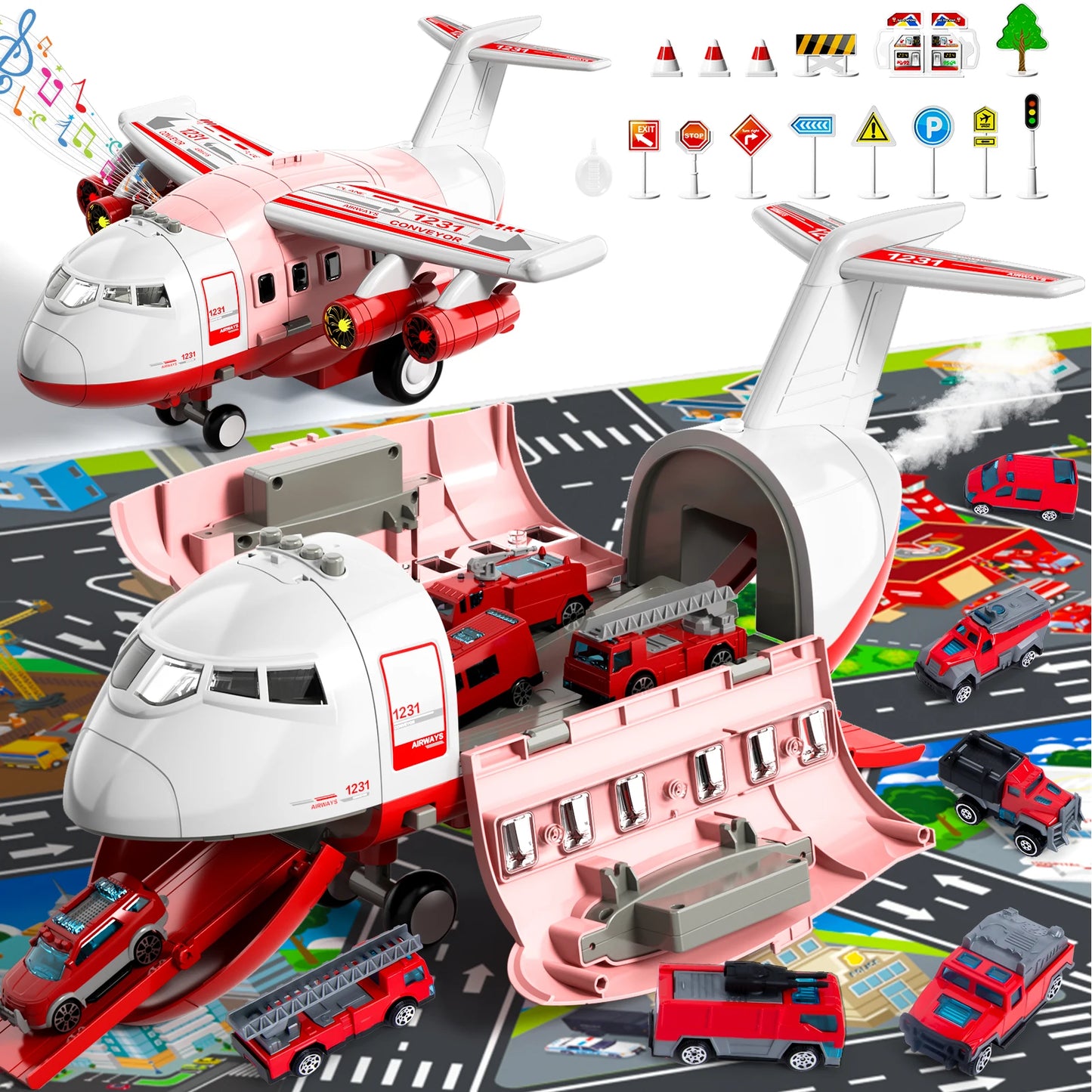 Airplane Kids Toys for Ages 4 to 8 Large Transport Spray Aeroplane with 10 Fire Truck Vehicles Birthday Gifts