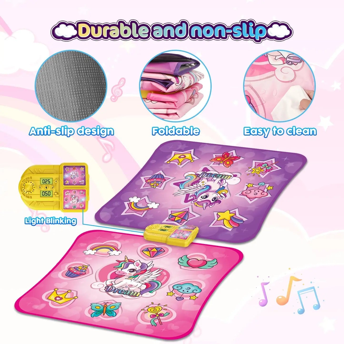 VATOS Double Dance Mat for Girls - 4 Game Modes & 9 Challenge Levels with Adjustable Volume Music Play Mat Birthday Gifts Toys