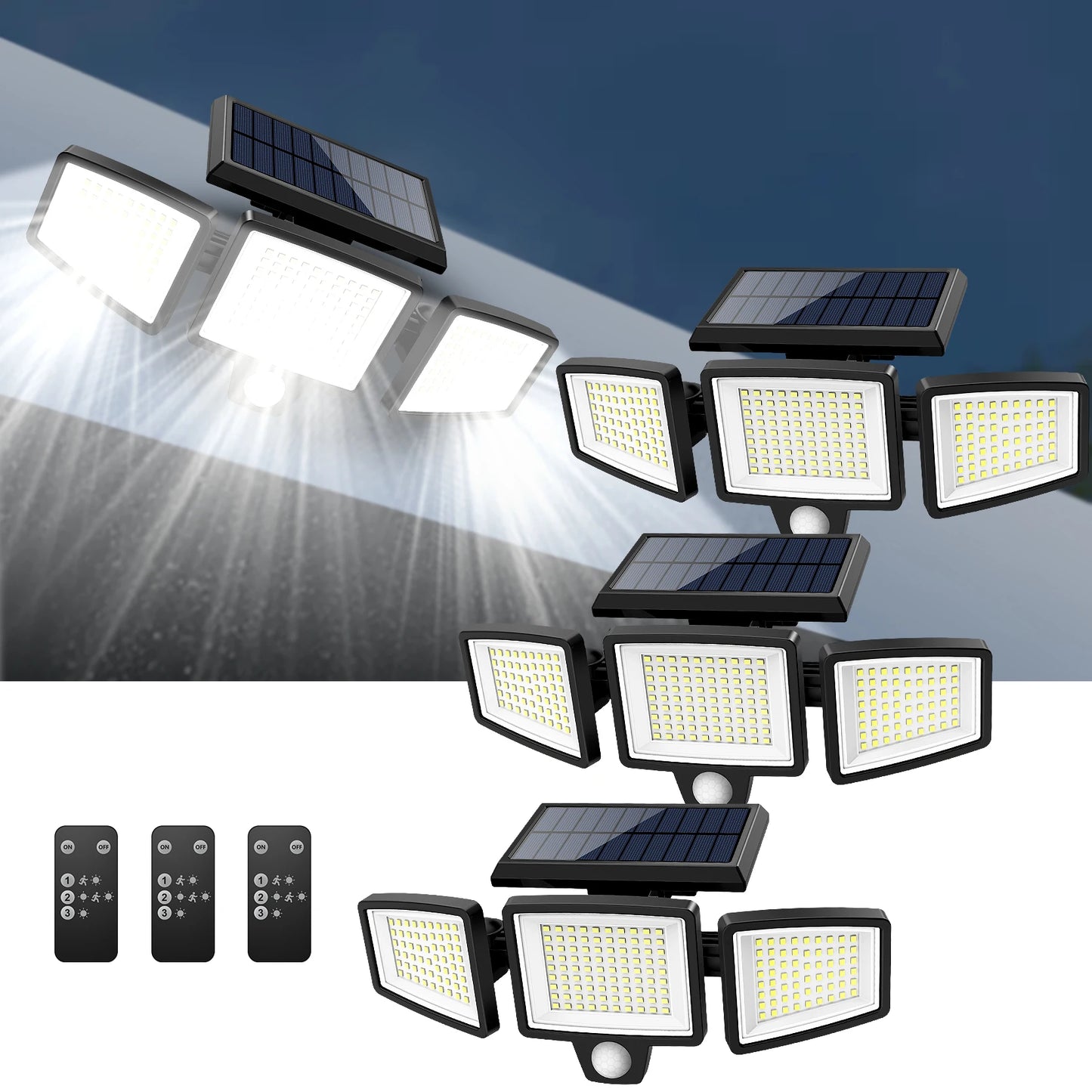 IP65 Waterproof Triple Head Outdoor Solar Light 210LED 2500LM Motion Sensor Safety Light for Porch Garage Yard Entrance Patio
